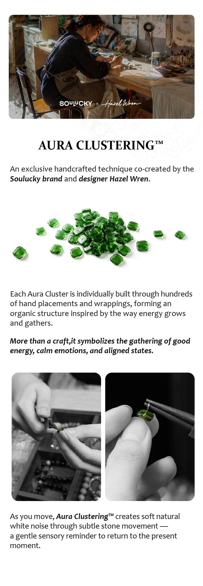 Advertisement for Aura Clustering technique by Soudaky brand with hands working on a project.